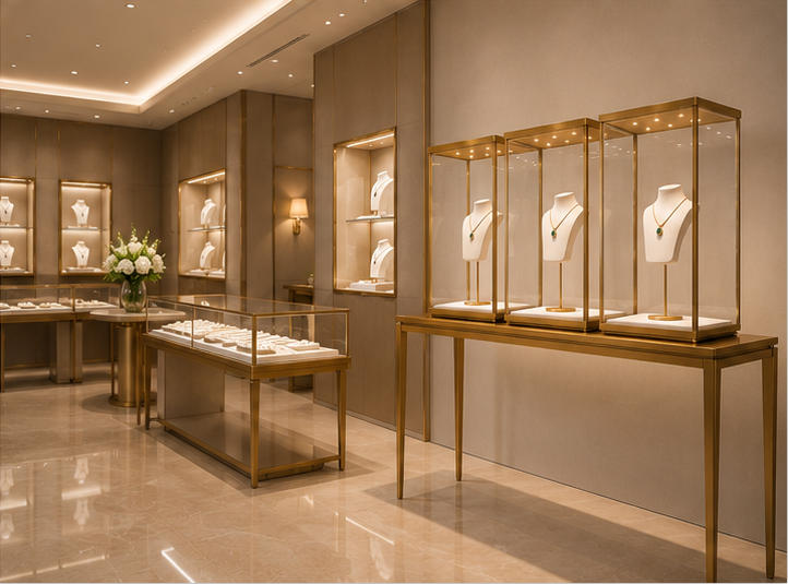 Triple Gold Tower Jewelry Display Console | 3 Showcase Set 10 Triple gold tower jewelry display console in boutique setting